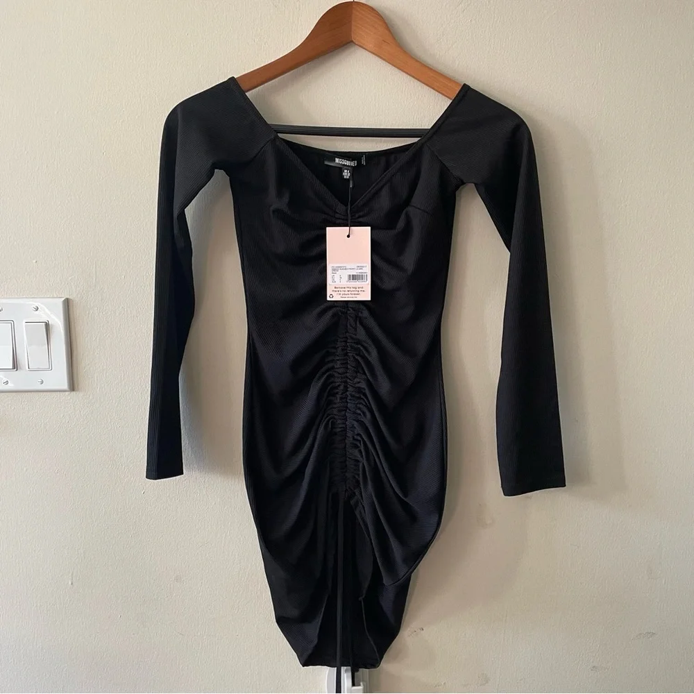 🐈⬛ Missguided (NWOT) Black Rib Ruched Front Long Sleeve Mini Dress 🐈⬛ - Picture 3 of 9